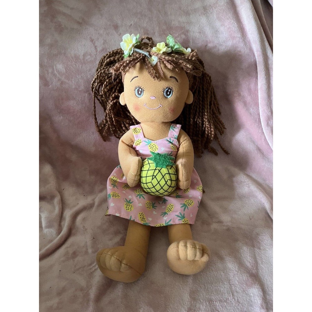 Aloha Hawaiian Girl DOLL 13" Plush with Pineapple Pink Dress Stuffed Toy